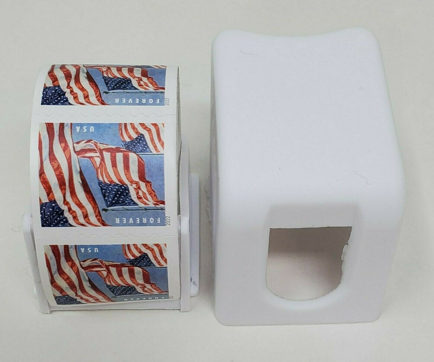 1 Roll of 100 Stamps USPS Forever Stamps U.S. Flag + Roll Dispenser Holder Case